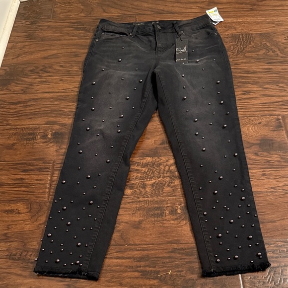 Earl Jeans Black Pearl-Studded Cropped Jeans - Picture 1 of 6